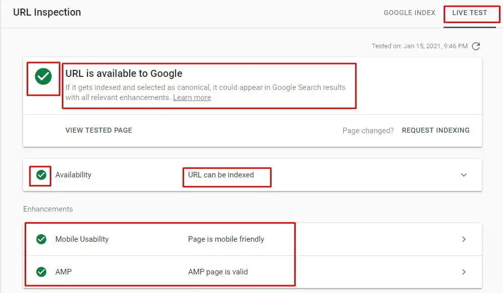 Google Search Console results are also great, as they are all green.
