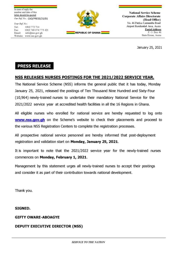 NSS nurses postings released for 2021/2022