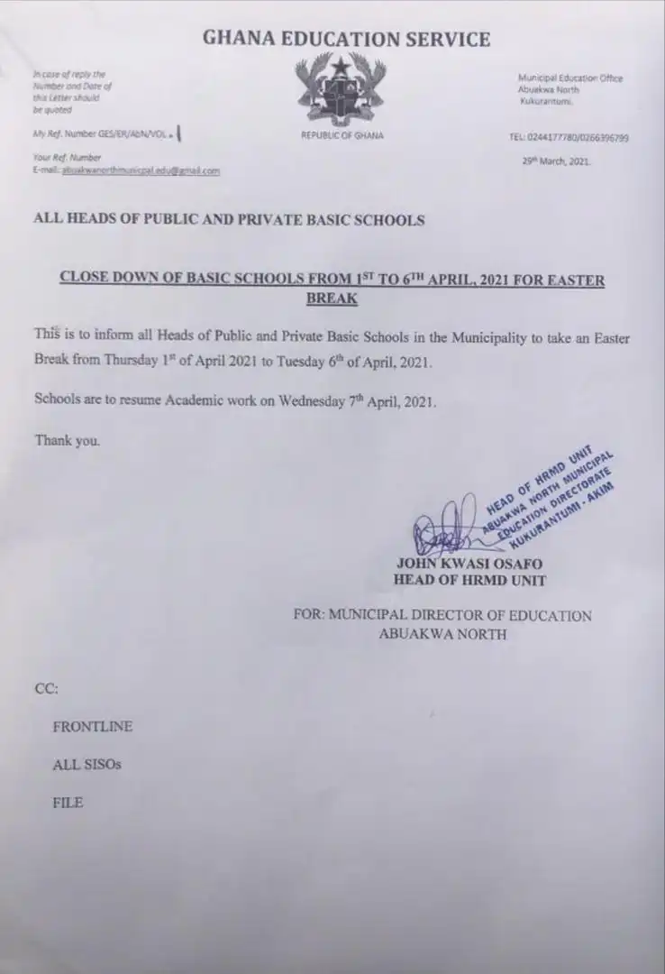 School Break For 2021 Easter Holidays - Dates from GES out