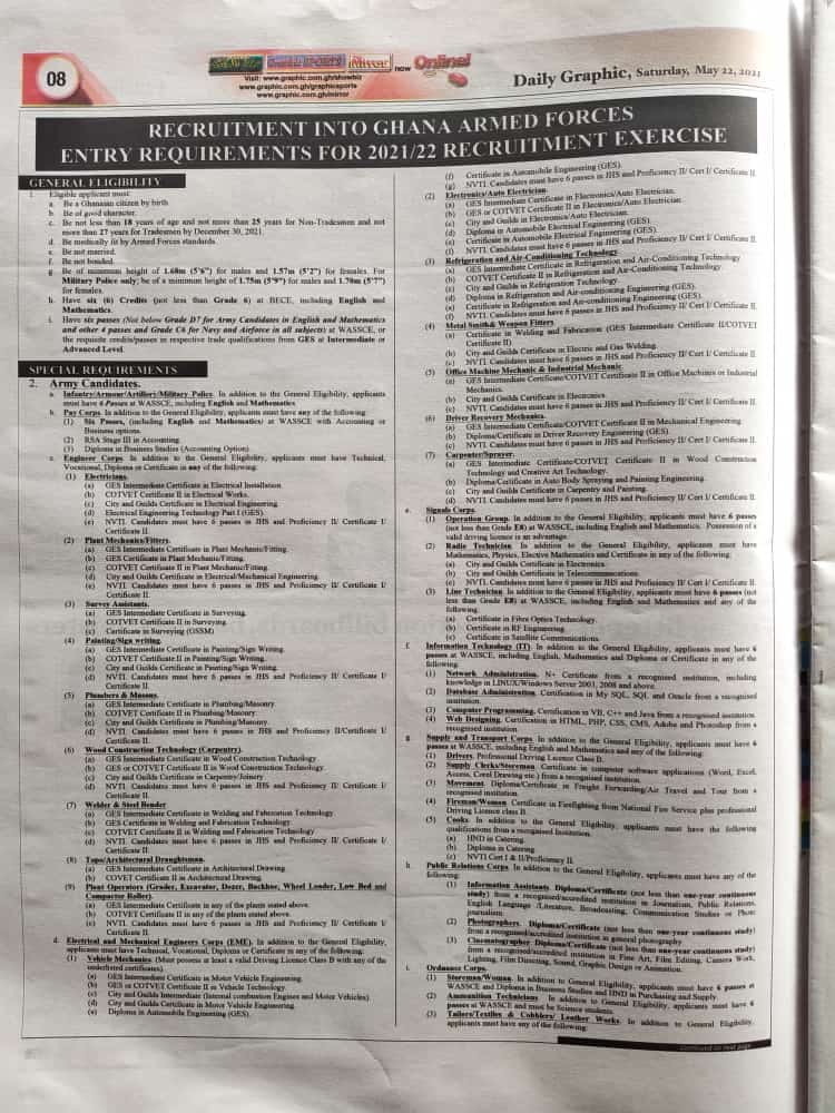 Ghana Armed Forces 2021 Recruitment Open