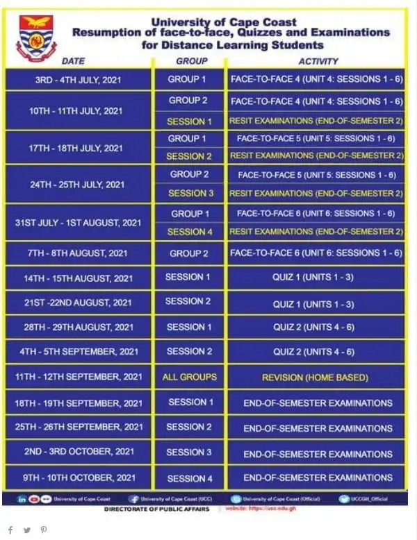 UCC revised calendar, date distance learning students