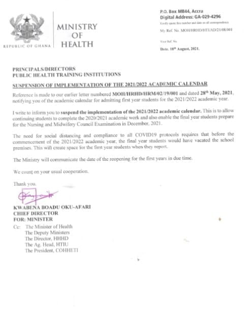 The 2021 Nursing Training Admissions suspended by the Ministry of Health is the latest update for potential first-year students and the general public.