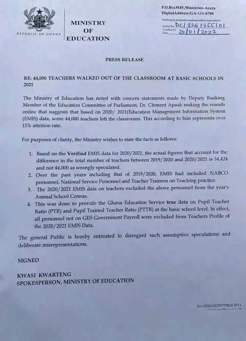 G.E.S Discloses Where The 44,000/34,424 Teachers Who 'Left The Profession's Went To