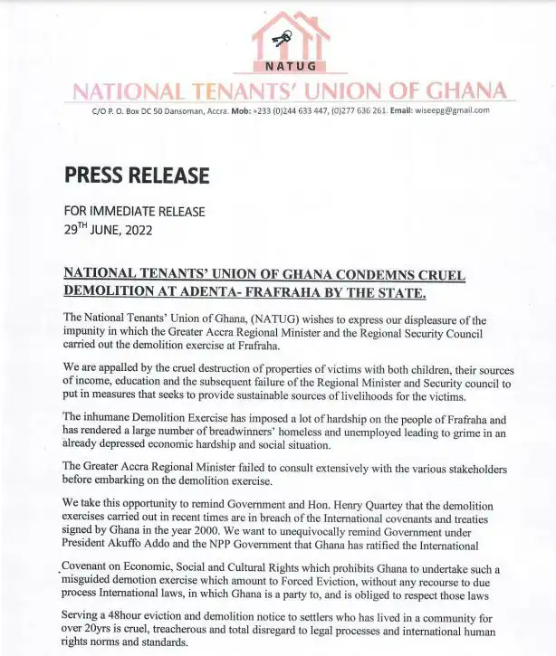 Demolition at Frafraha painful and cruel – National Tenants’ Union to gov’t