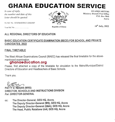 Latest 2022 BECE Timetable Update from WAEC to all students