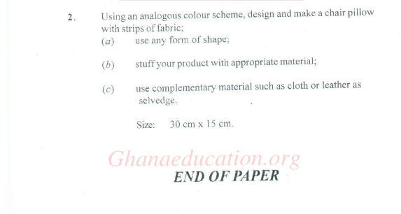 PAPER 3: Will be two practical projects out of which candidates will execute one within five days, working for six hours each of the days. The paper will carry 80 marks. The question papers will be sent to the candidates two weeks before the execution period for candidates to study. Designing of sketches and preparatory notes should also be done within the two weeks prior to the execution of the project. These will carry 20 marks. The total mark for the paper is therefore 100.