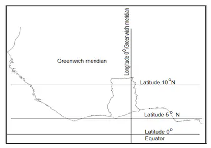 LOCATION OF GHANA ON A WEST AFRICAN MAP AND RELEVANT LATITUDES AND LONGITUDES