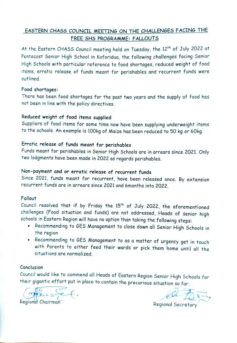 Eastern Region CHASS to close down schools by 15th&nbsp;July over food shortage