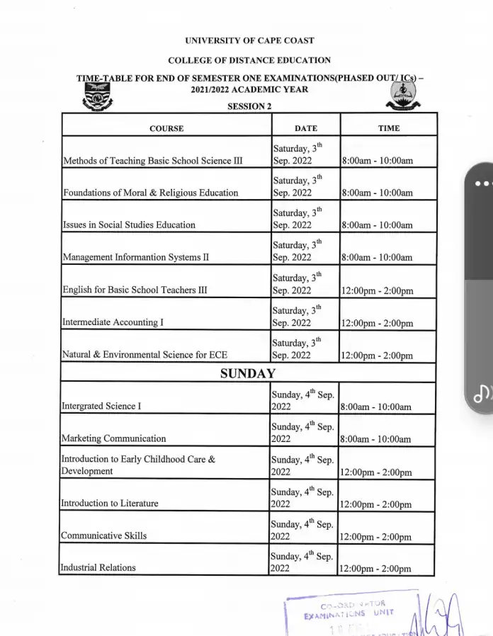 UCC End of Semester 1 Time Table for Phased Out and IC Distance Courses for the 2021/22 Academic Year