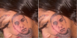 Lady tattoos boyfriend's face on her face