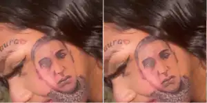 Lady tattoos boyfriend's face on her face