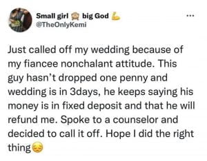 Woman cancels wedding