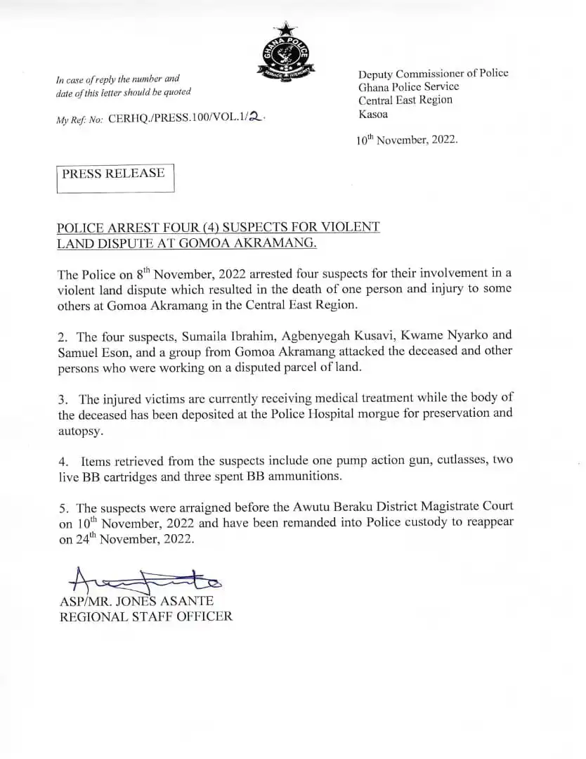The suspects were arranged before the Awutu Beraku Distrcit Magistrate Court on 10th November, 2022 and have been remanded into police custody to reappear on 24th November, 2022.