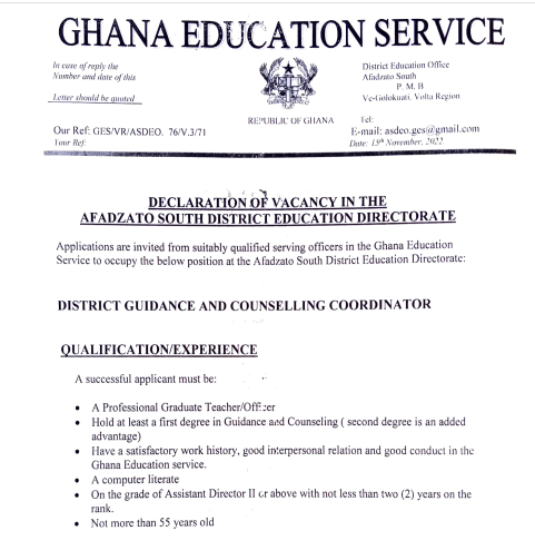  GES Vacancy Declared Open for teachers: The vacancy is for a District guidance and counseling coordinator. Check and apply