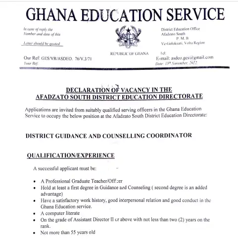  GES Vacancy Declared Open for teachers: The vacancy is for a District guidance and counseling coordinator. Check and apply