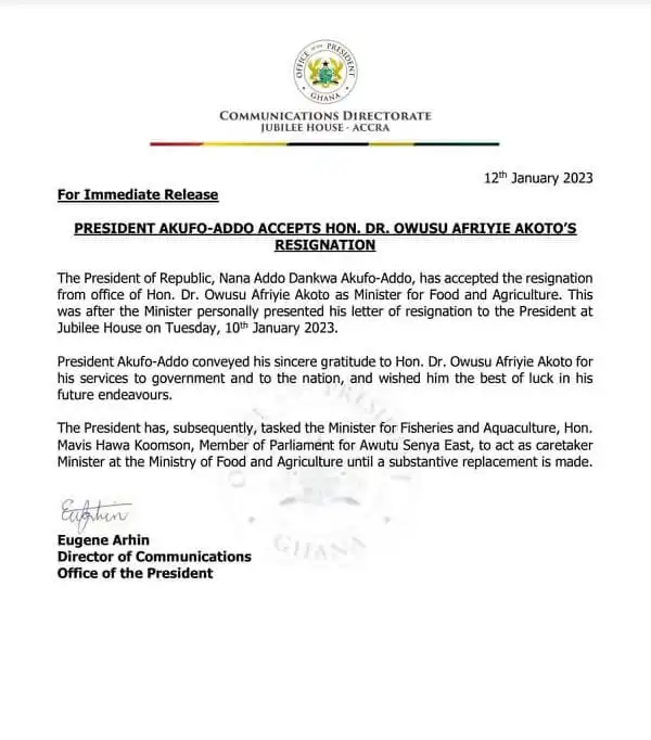 Mavis Hawa Koomson has been put in charge of the Ministry of Food and Agriculture