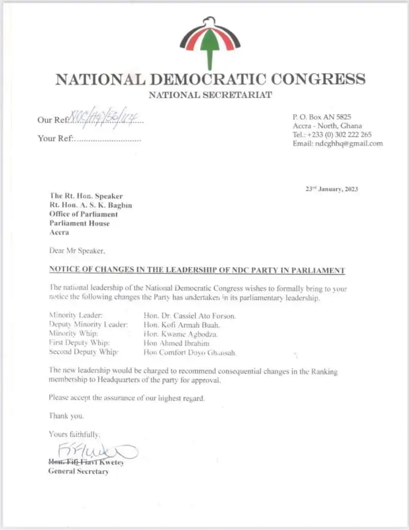 Major shake-up in NDC leadership in Parliament