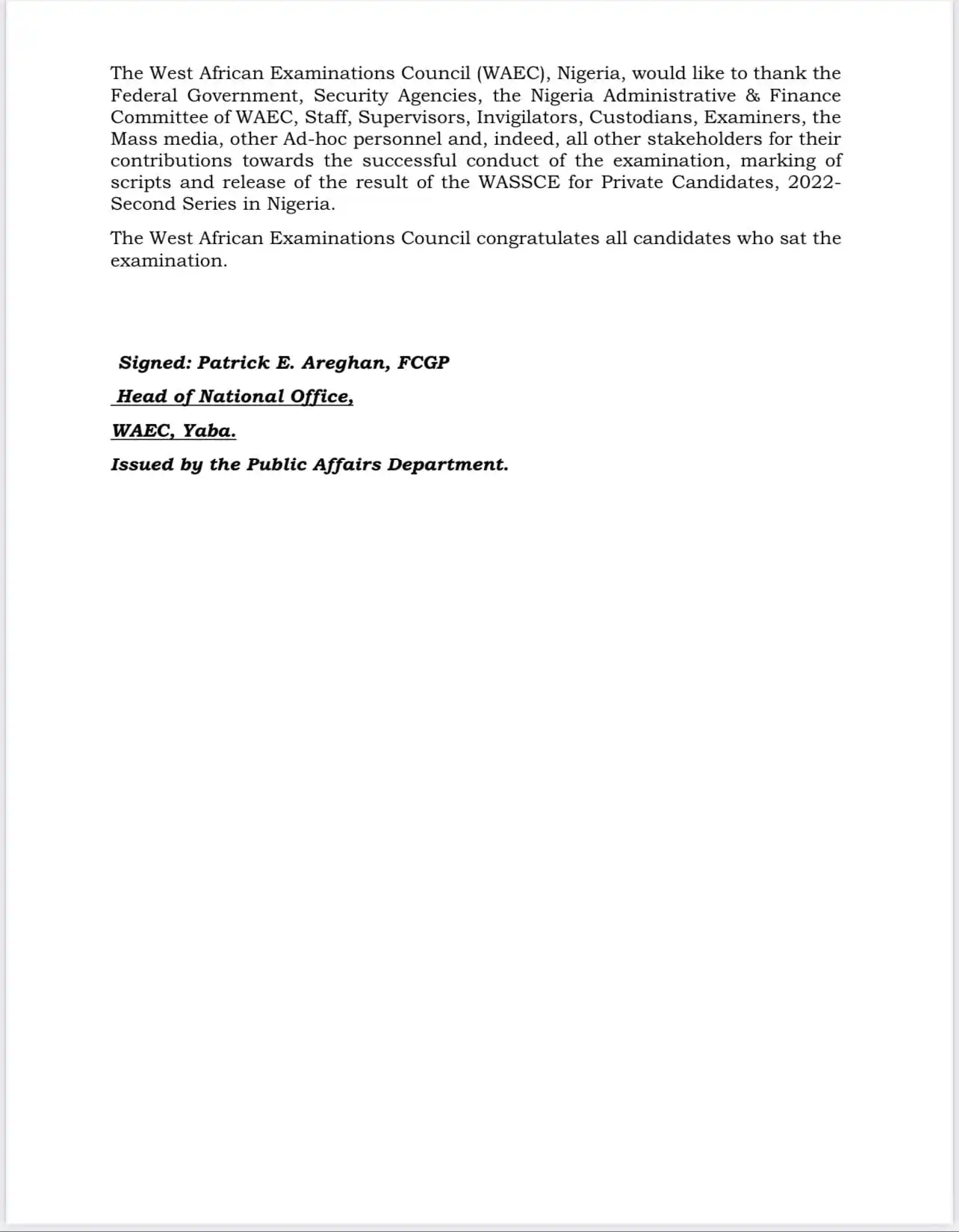 2022 WASSCE Results for Private Candidates Released for Nigeria