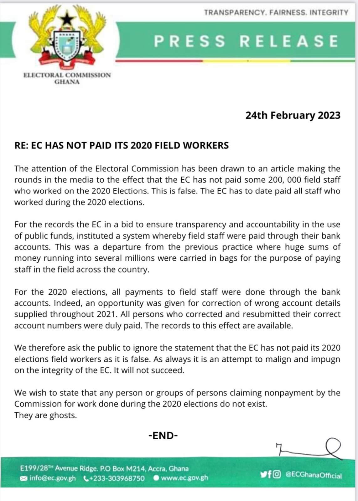EC Responds To Claims Of Unpaid 2020 Field Workers