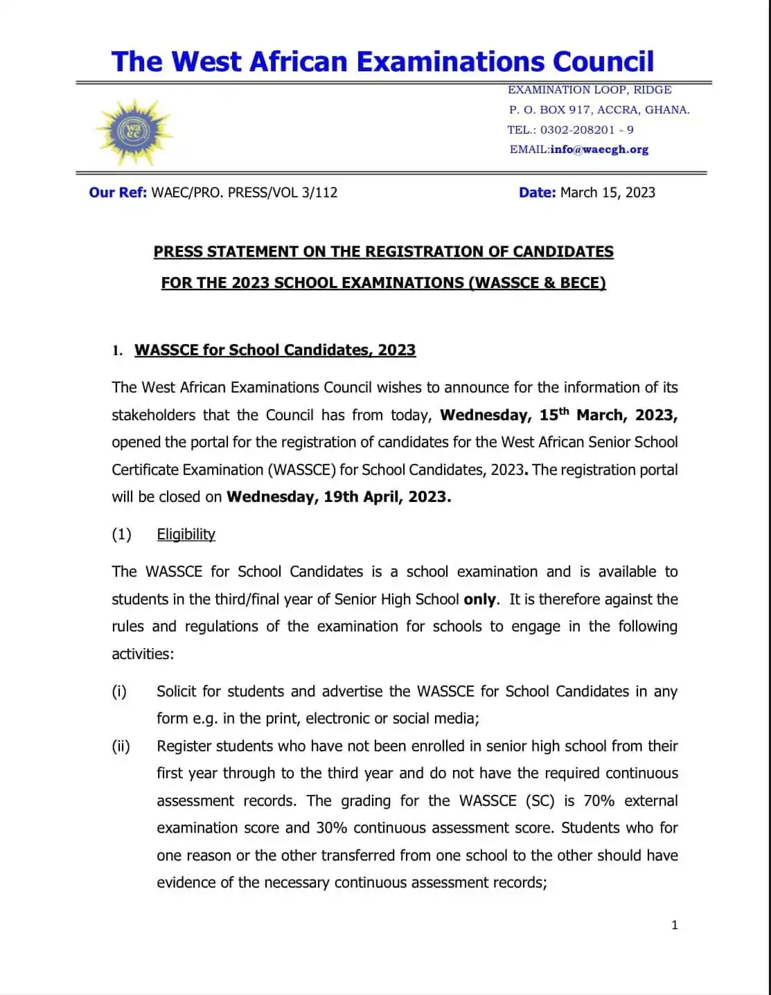 The 2023 WASSCE examination date