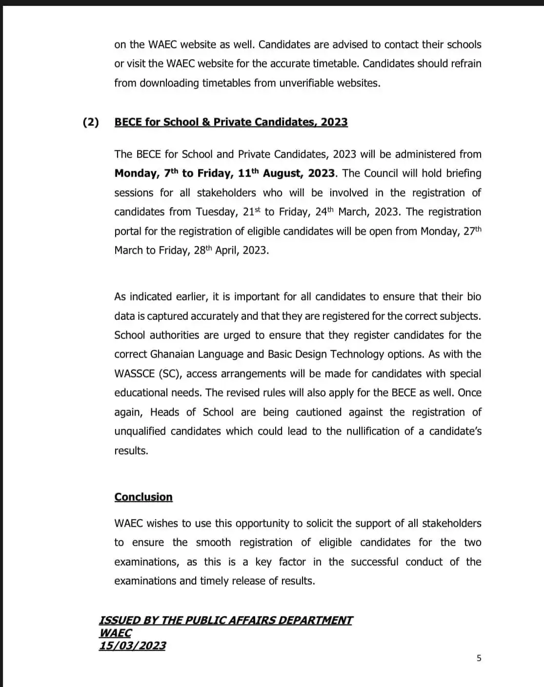 The 2023 WASSCE examination date