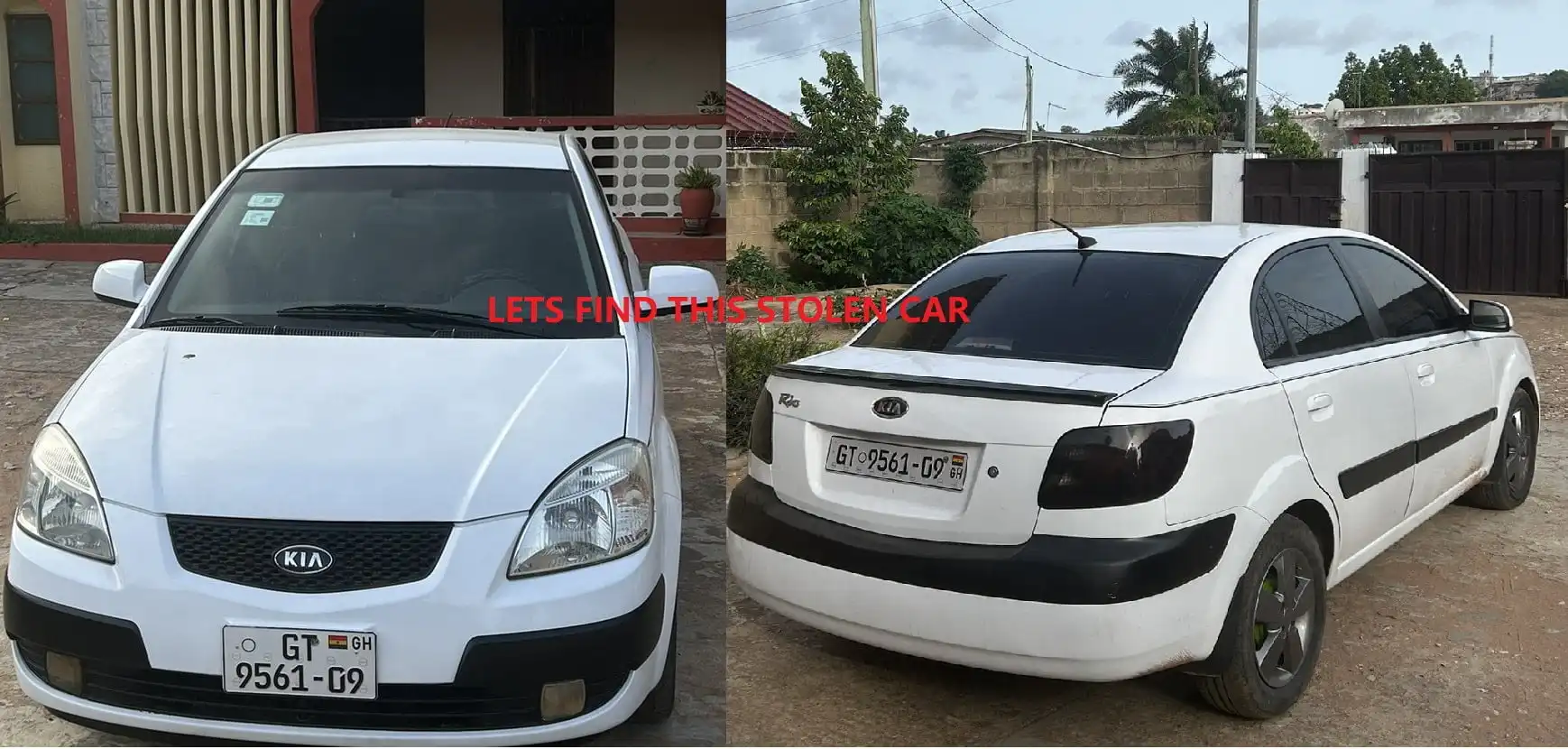 Help find this Stolen Cars 2009 Kia Rio sedan with reg number GT 9561-09