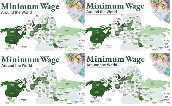 2023 Monthly minimum wage of 65 countries ($2,140 : Luxembourg, Nigeria: $68, Ghana $40)