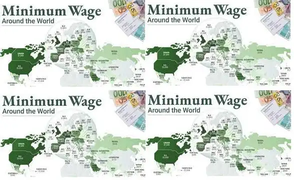 2023 Monthly minimum wage of 65 countries ($2,140 : Luxembourg, Nigeria: $68, Ghana $40)
