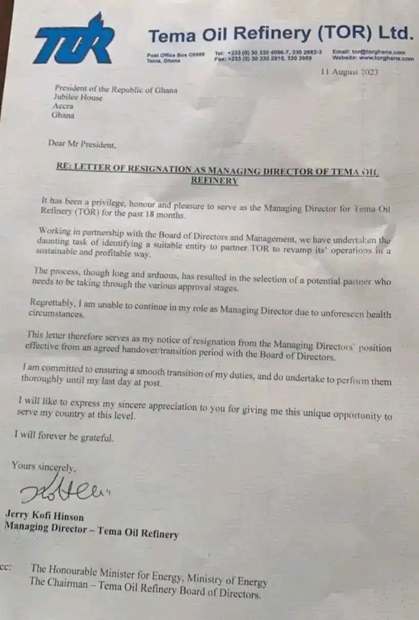 John Kofi Hinson Resignation letter 