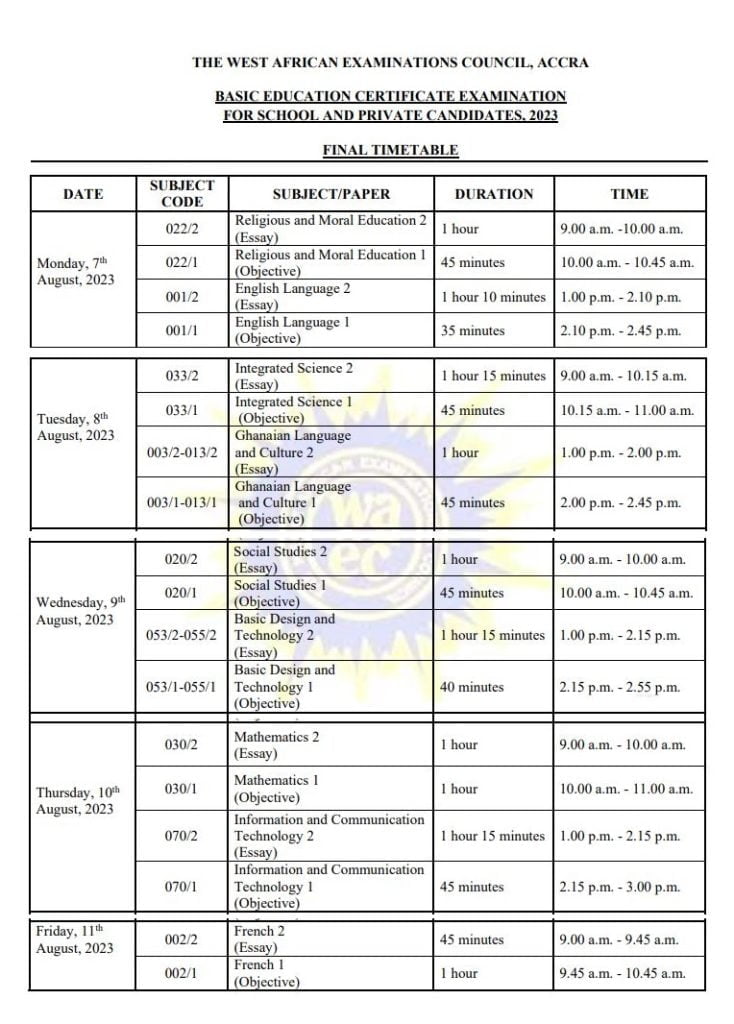 Final 2023 BECE Timetable (Download Here)