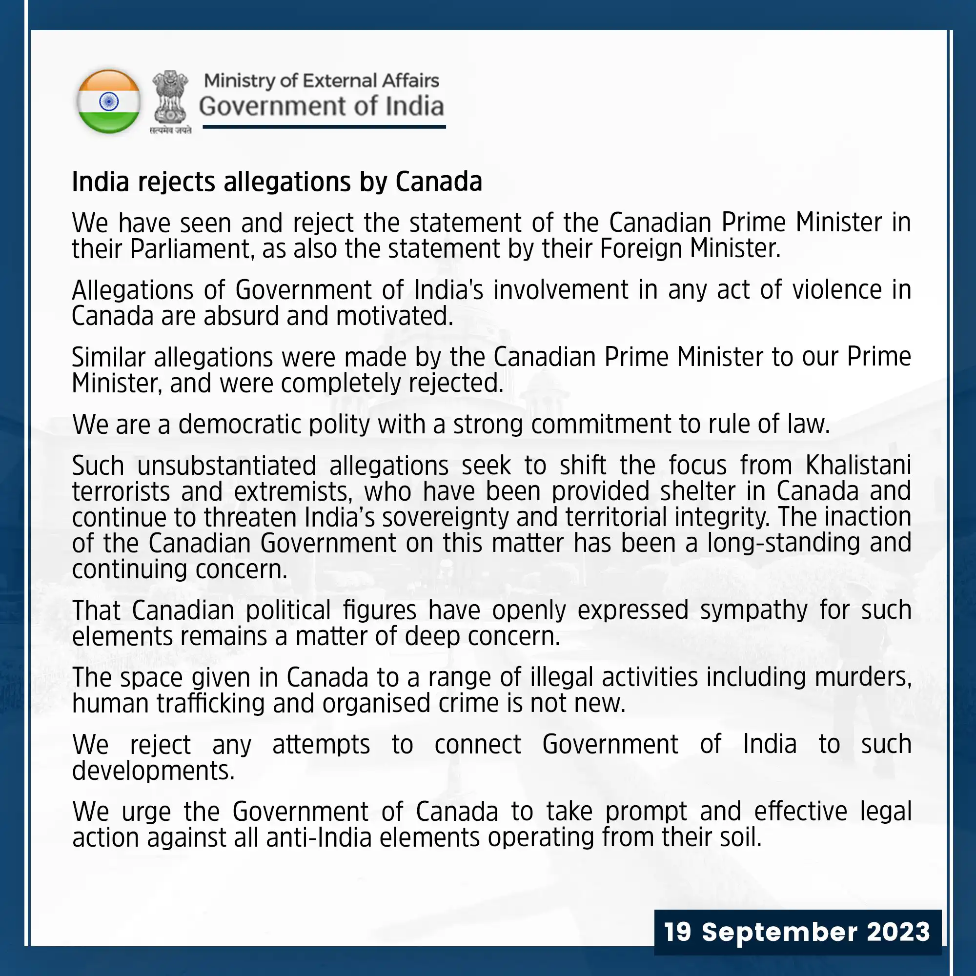 India rejects allegations supporting violenace by Canada (Press Release)