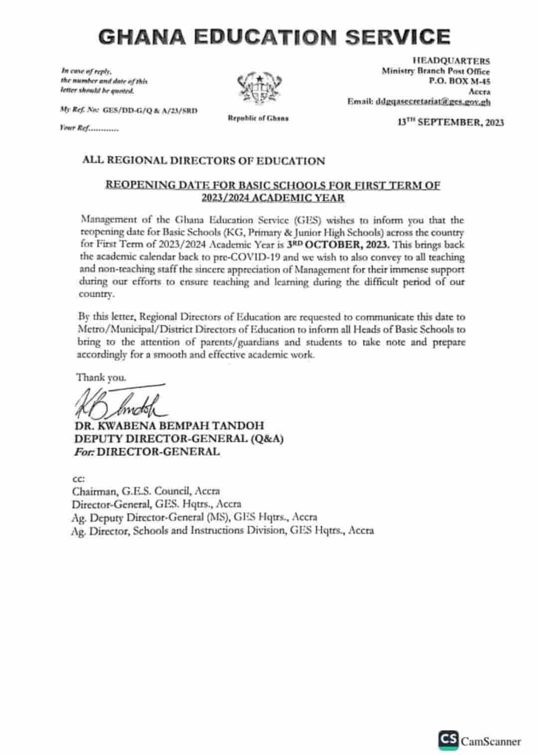 Reasons Why Basic Schools Will Reopen On 3rd October For The 2023/2024 Academic Year