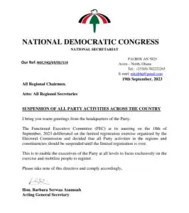 Just In: NDC suspends All Party Activities In The Country. 