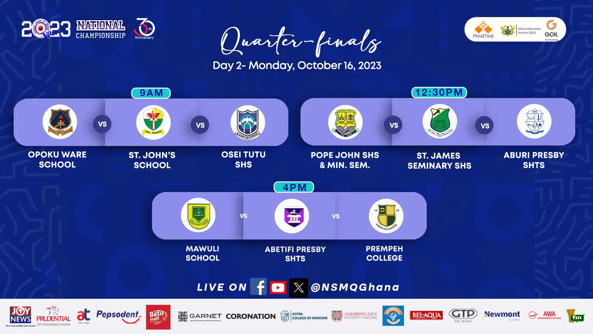 National Science & Maths Quiz #NSMQ2023 Quater Final Day Two Pairings'