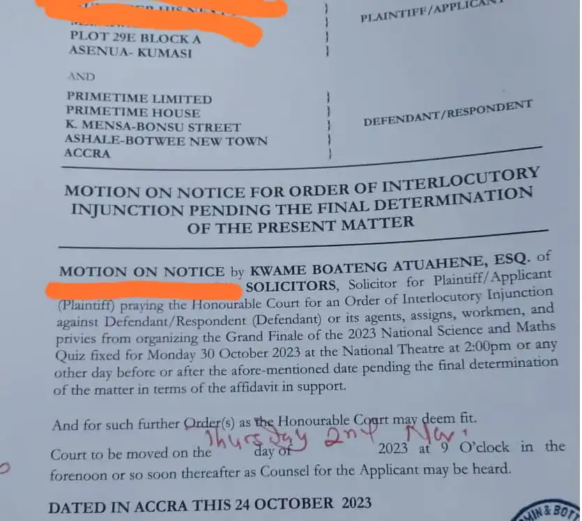 the 2023 NSMQ slated for 31st October 2023, Prempeh College sues NSMQ and is seeking an injunction to prevent the 2023 grand finale