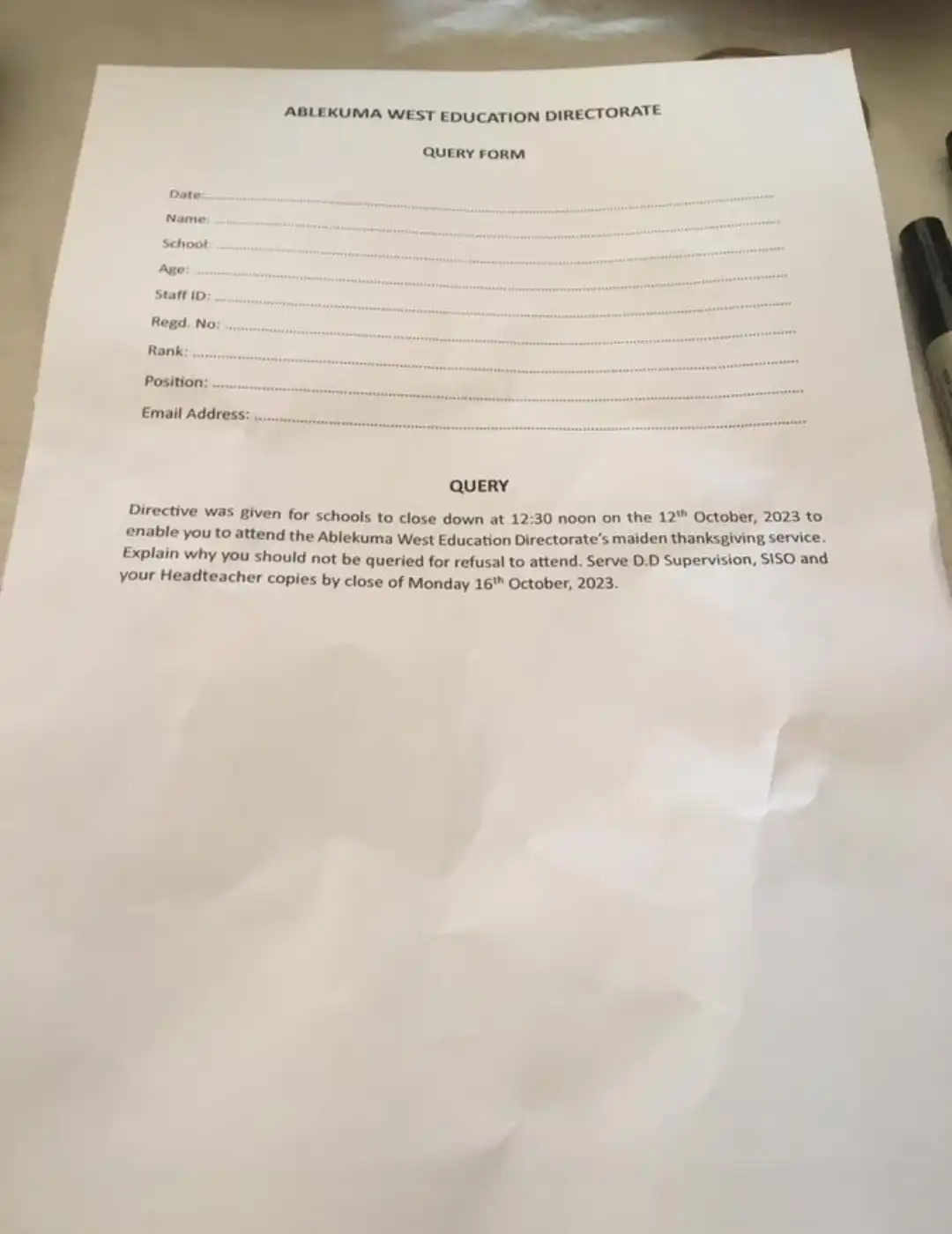 Over 20 Teachers Queried Over Failure To Attend District Director's Thanks Giving Service