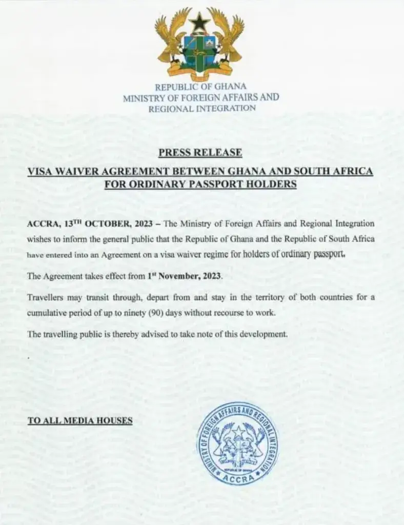 JUST IN: Ghana, South Africa Agree To Visa-Free Travel