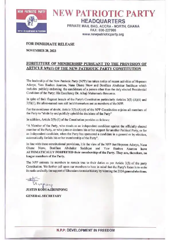 Hopeson Adorye, Boniface, Buaben Asamoa, 'Fired' From The NPP