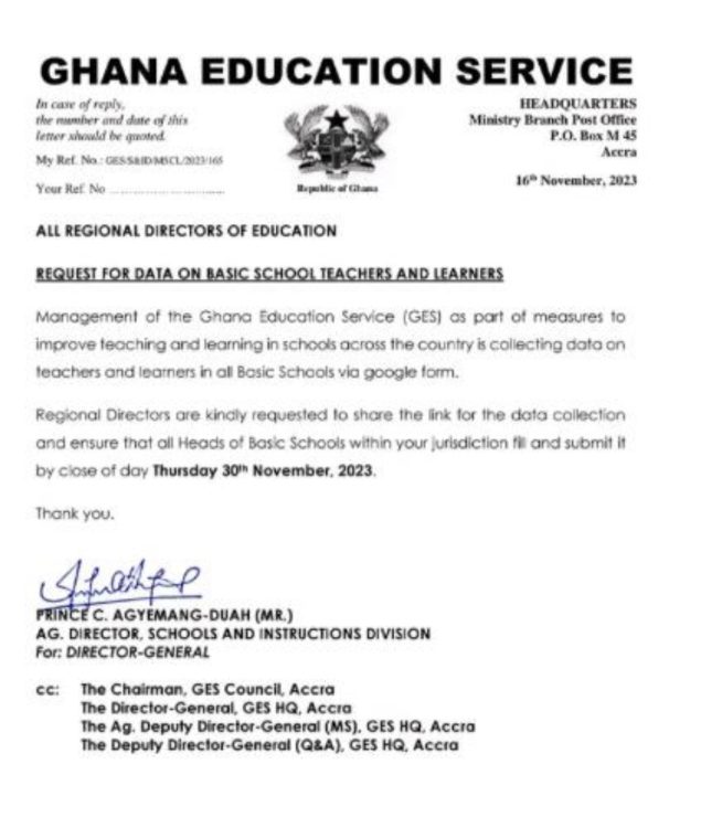 GES Requests for Data on Basic School Teachers and Learners