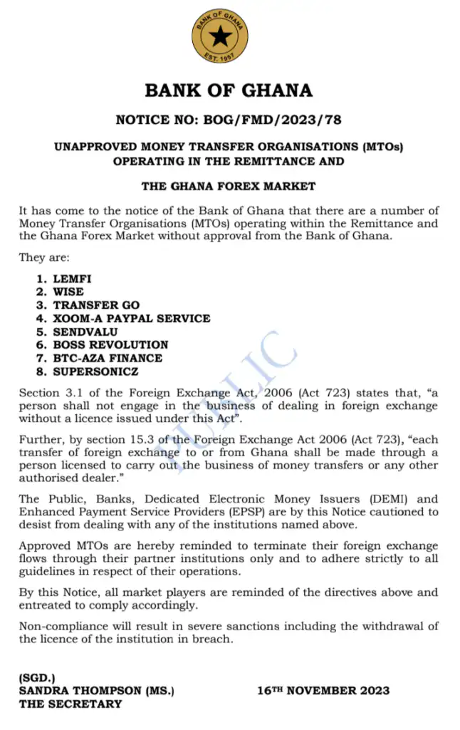 BoG unapproved transfer organisations