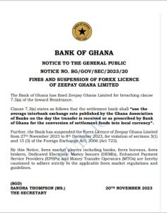 Bank of Ghana Suspends Zeepay over Violation 
