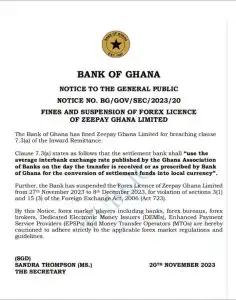 Bank of Ghana Suspends Zeepay over Violation 