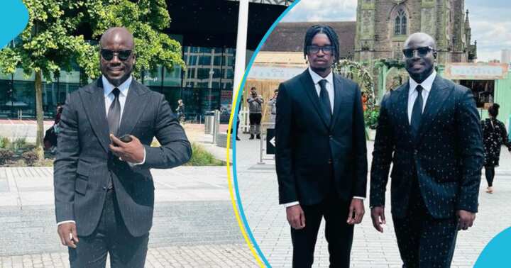 Title: Stephen Appiah and Son Larry Steal the Spotlight in All-Black Suits, Showcasing Unbreakable Bond