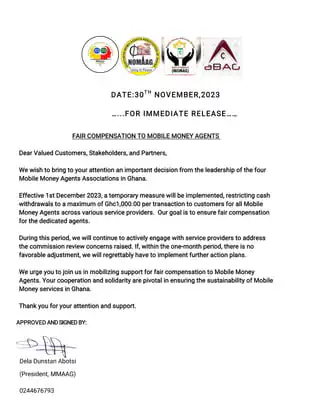 Mobile Money Agents to limit cash withdrawals to GH₵1,000 per transaction