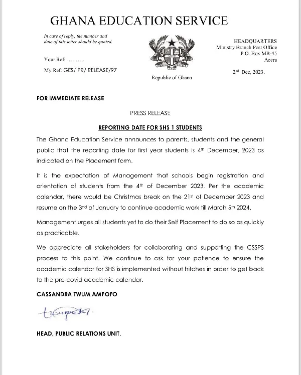 The Reporting Date for SHS 1 Students has Been Reaffirmed by the GES.