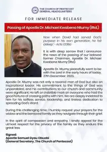 Former Church of Pentecost Chairman Apostle Ntumy passes away