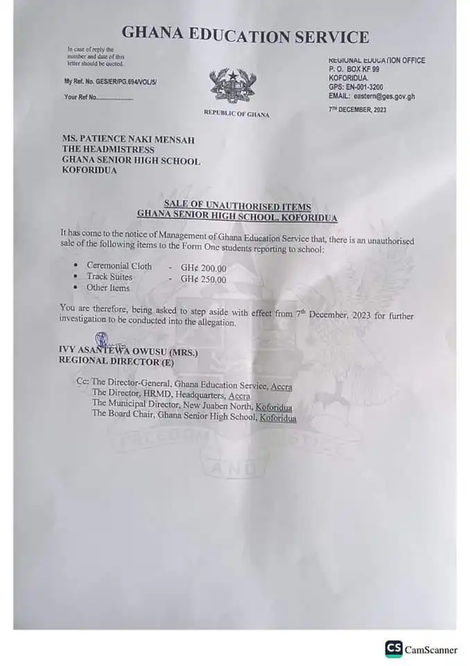 GES Suspends Ghana SHS Headmistress Over Illegal Prospectus