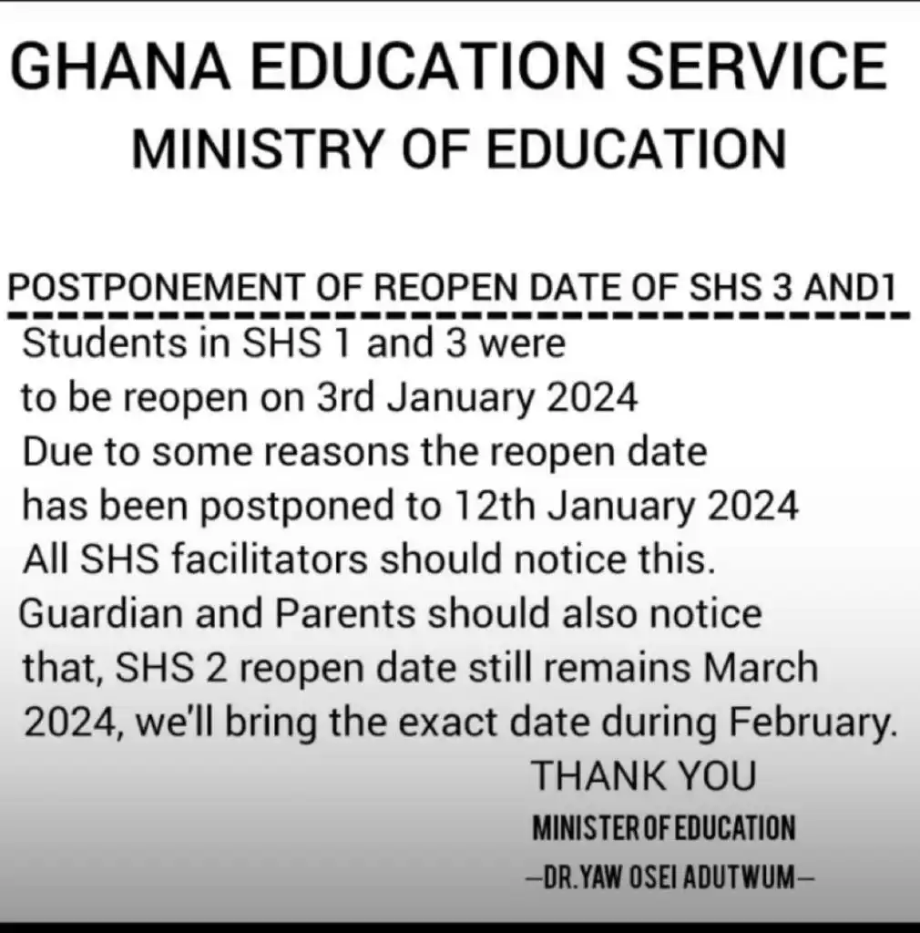 Has GES Postponed The Reopening Date Of SHS 1 And SHS 3 To 12th January? Here's The Truth