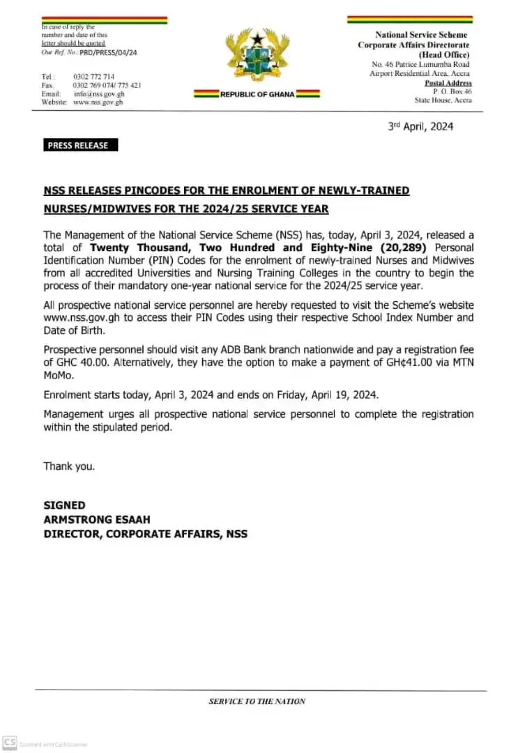 NSS Release PIN Codes For The Enrolment Of Newly-Trained Nurses And Midwives