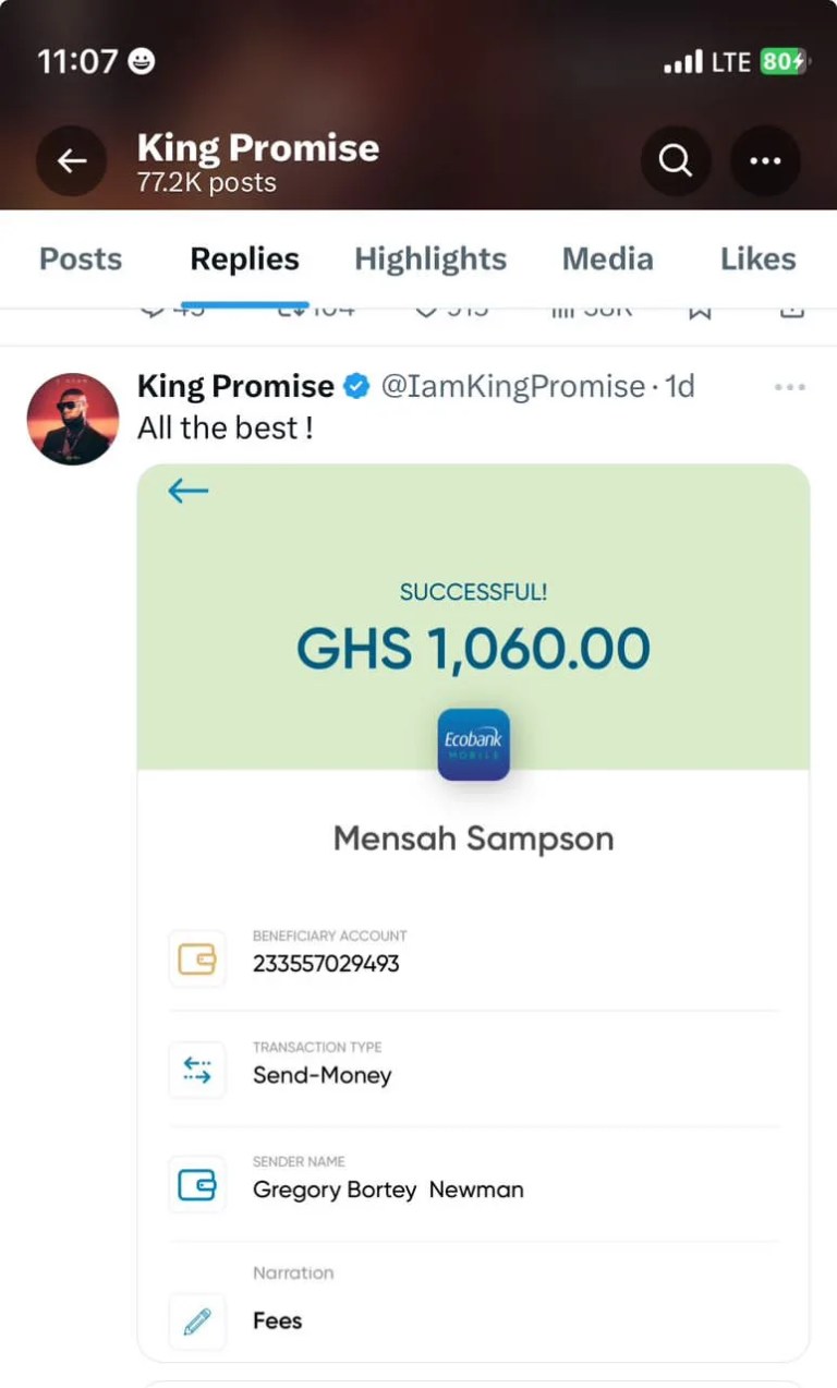 King Promise pays tuition of a level 300 student, Ghanaians hail him